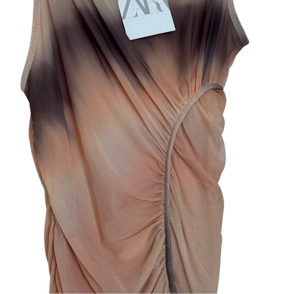 Zara Womens Asymmetrical Ruched Mesh Tank Tie Dye Tan Gray Size S - Picture 3 of 5